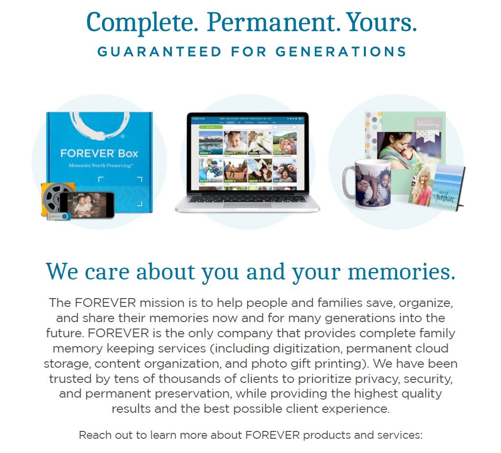 Image promoting FOREVER's family memory preservation services, featuring a FOREVER Box, cloud storage, and printed memorabilia.